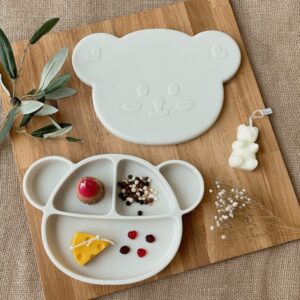 <Grosmimi>Bear Silicone Suction Food Plate with Silicone Lid-小熊吸盘式硅胶餐盘-带硅胶盖